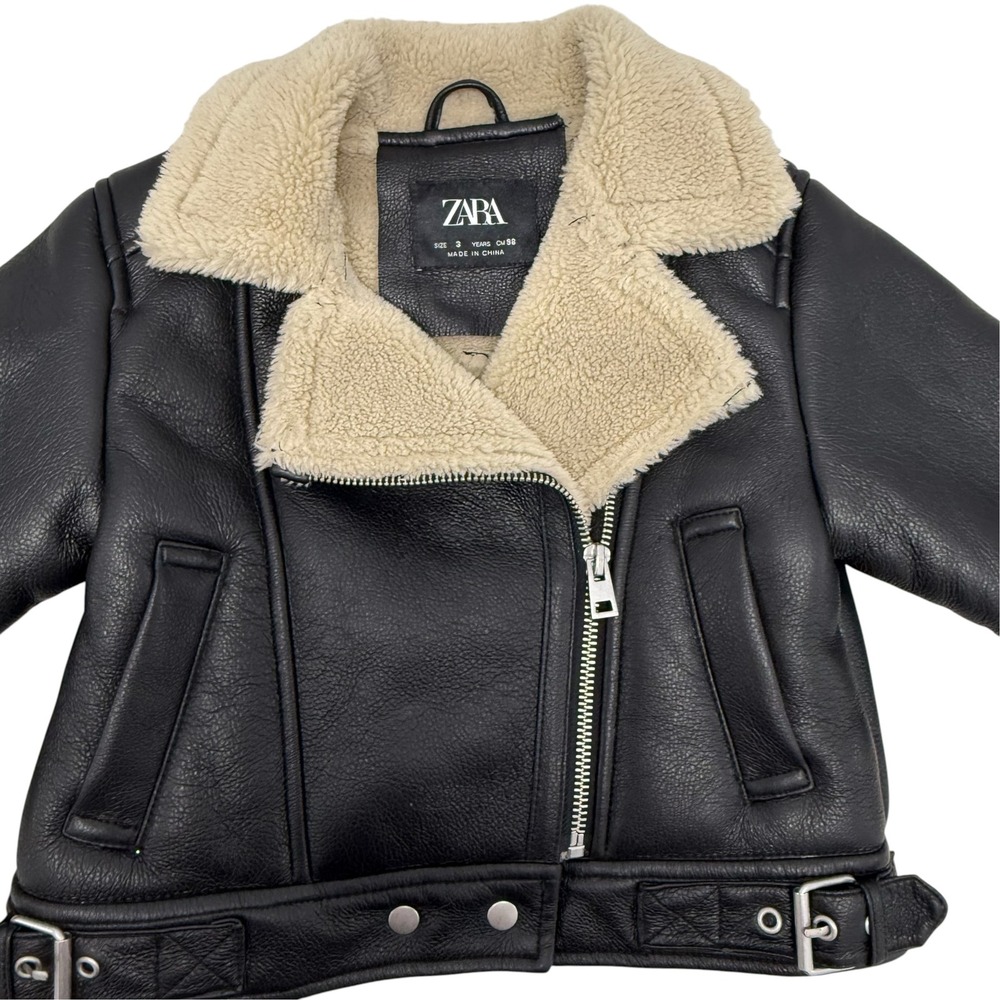 Zara Kids 3Y Black Faux Leather Faux Shearling Aviator Moto Jacket Winter Cozy